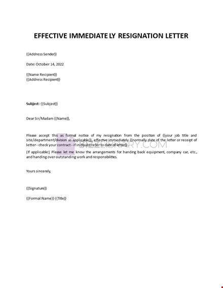 resignation letter effective immediately template
