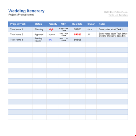 customize your wedding itinerary with our project management tool template
