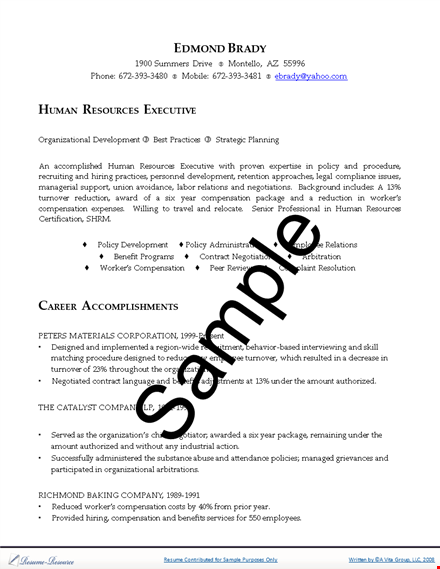 hr executive resume - compensation, development, resources, human, union template