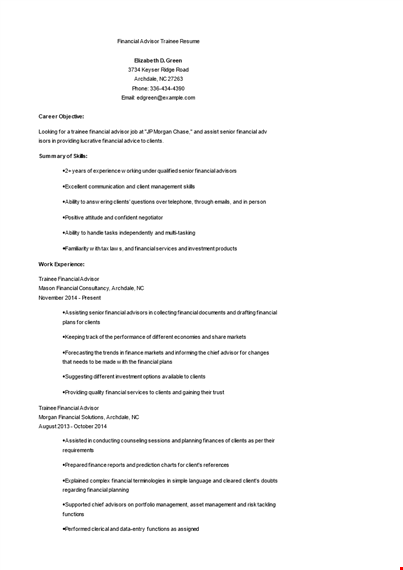 financial advisor trainee resume template