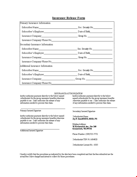 insurance release form template template