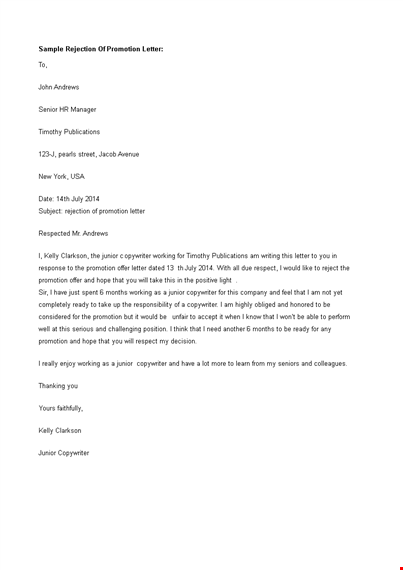job promotion refusal letter template