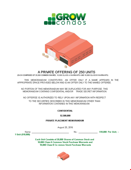 private placement memorandum template for stock corporation - shares & warrant template