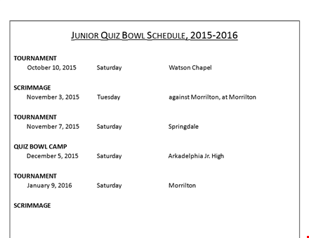 printable quiz bowl schedule - saturday january tournament for junior morrilton template