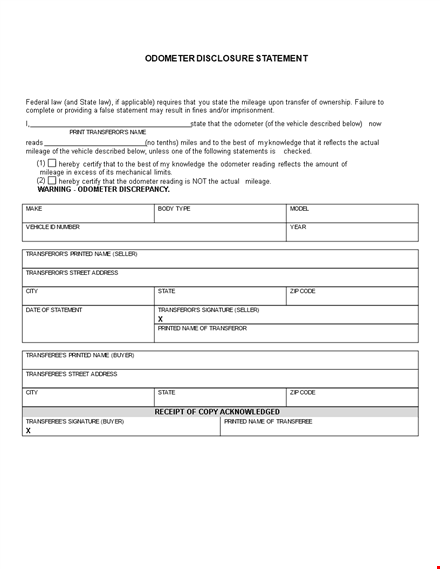 state-required odometer disclosure statement | record mileage | transferor template