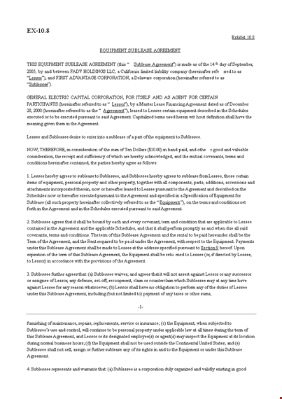 equipment sublease contract template template