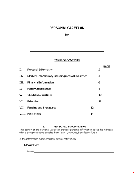 simple personal care plan template template