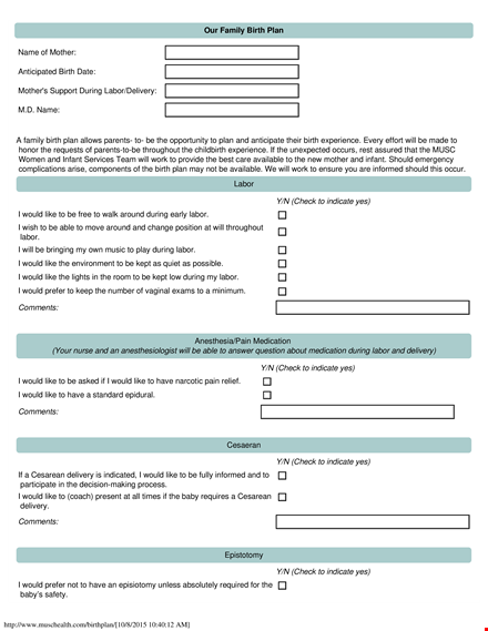 family birth plan template template