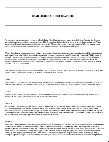 sample format of teacher resume template