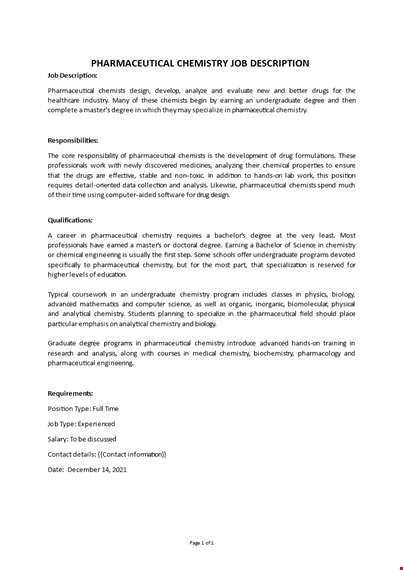 pharmaceutical chemistry job description template