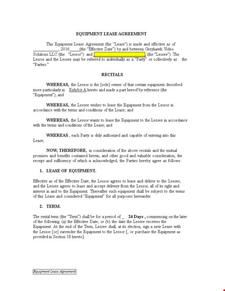 equipment lease agreement | lease equipment with lessee and lessor template