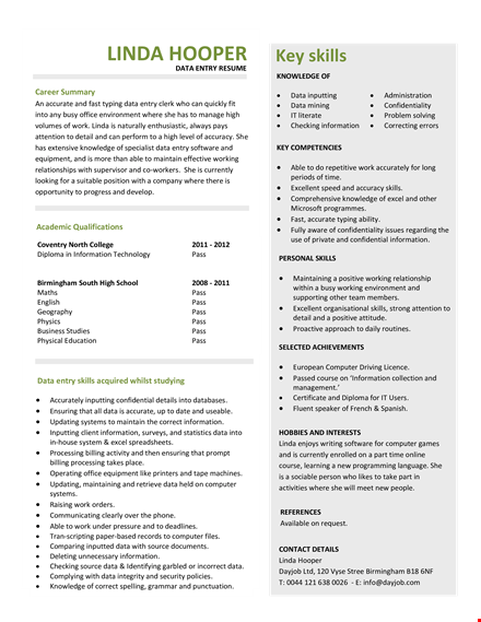data entry work resume: skills, information & entry solutions template