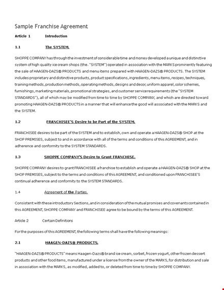 standard franchise agreement template