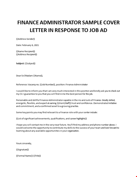 finance administrator cover letter template