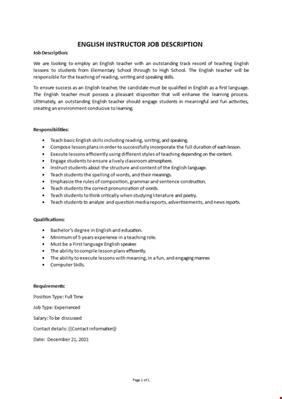 english instructor job description template