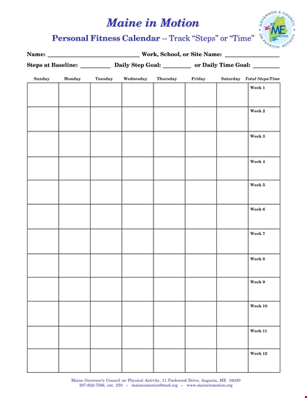 personal fitness calendar template