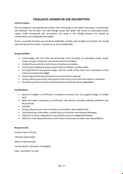 freelance animator job description template