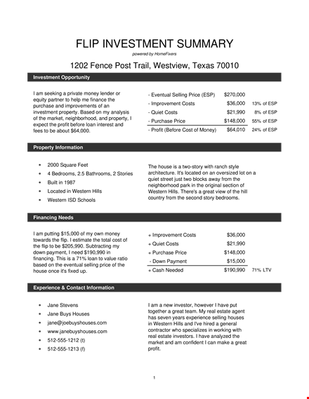 investment property summary template template