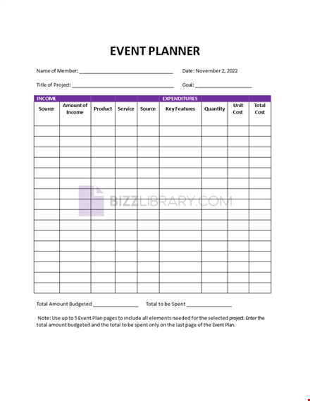 planner template for events template