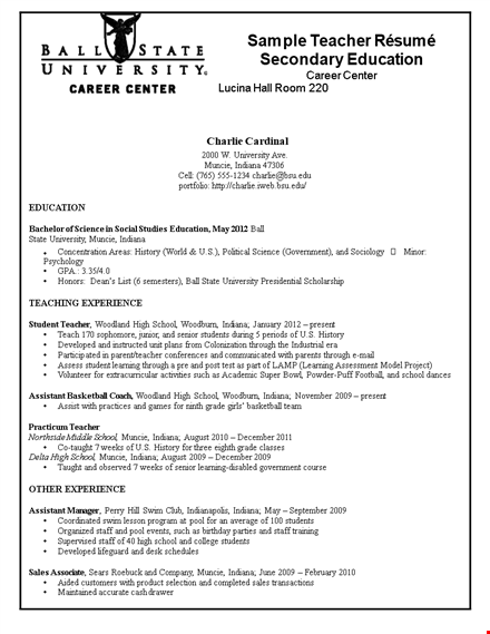 secondary teacher resume template for school and university | present experience | indiana, muncie template