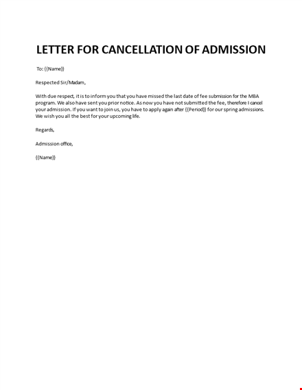 letter for admission cancellation  template