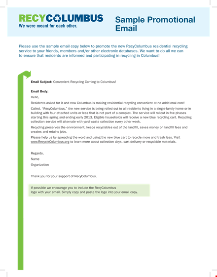 sample promotional email - recycling service | recycolumbus template