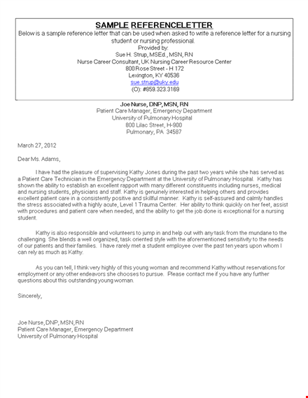 nursing employment reference letter template