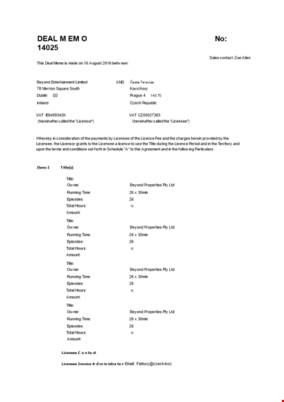 deal memo template for agreement between party and licensee | license | czech template