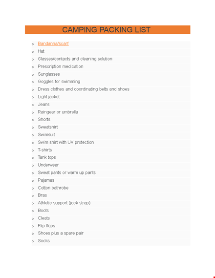 packing list template - don't forget your shoes, swimming gear, spare pants & bedding template