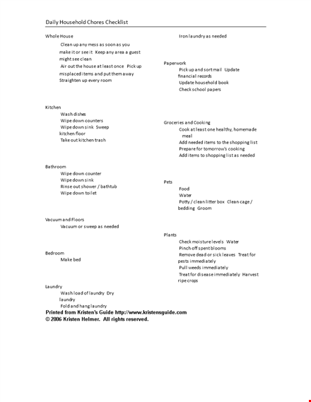 daily household chores checklist template