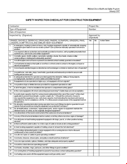 construction equipment checklist | ensure your equipment is provided and equipped template
