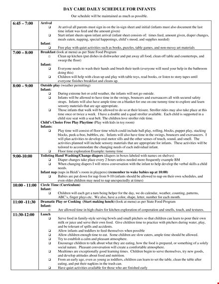 infant daycare schedule template template