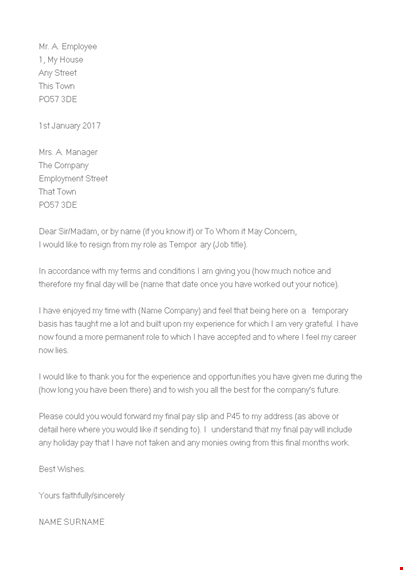 temporary job resignation letter example template