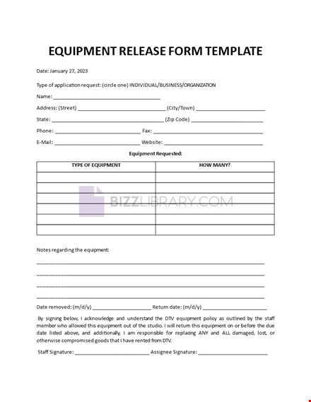 equipment release form template template