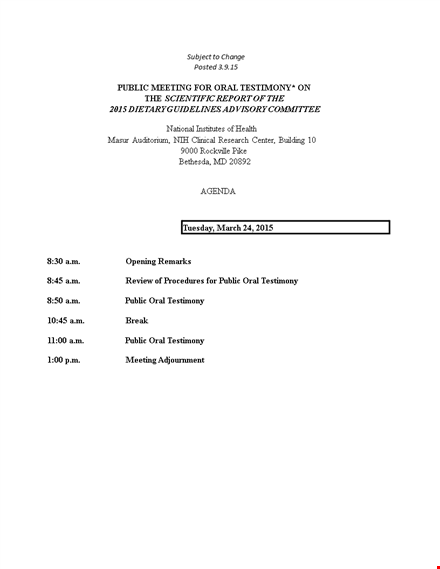 meeting agenda template example - public subject & testimony template