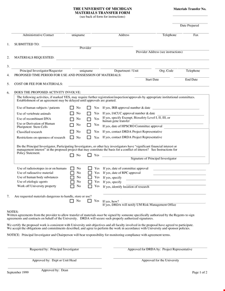 material transfer form (university) template