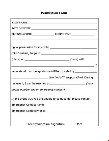 download permission slip for your event - emergency contact and permission included template