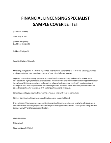 financial licensing specialist cover letter template