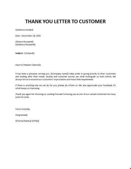 thank you letter to customer template