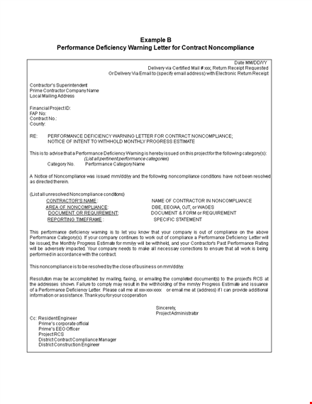performance deficiency warning letter for non compliance sk template