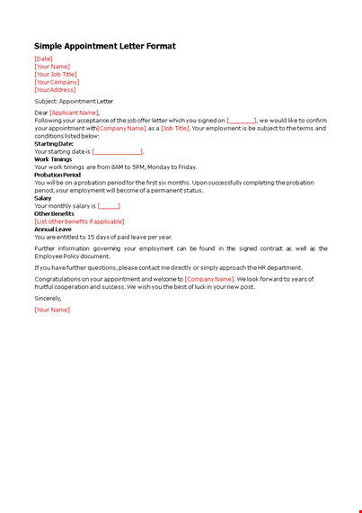simple appointment letter format in word template