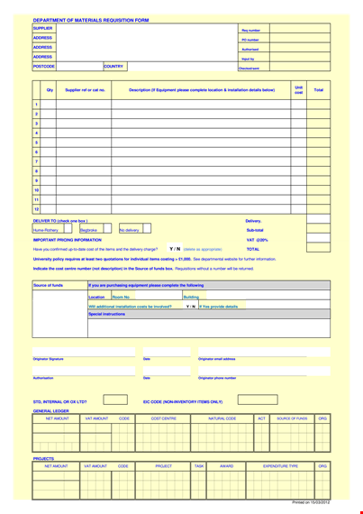 material requisition form - requesting department | document number, address, amount template