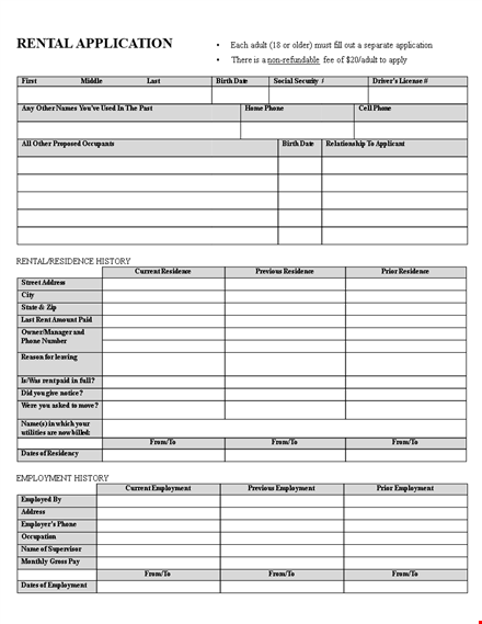 printable rental application template