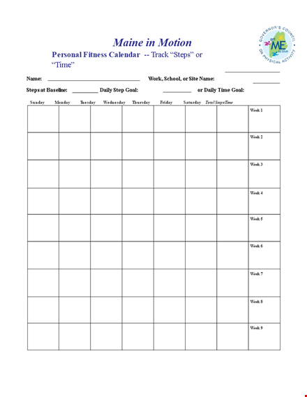 personal fitness calendar | track your steps in maine template