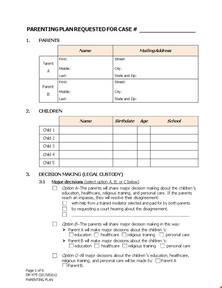 create a comprehensive parenting plan template for parents and their children template
