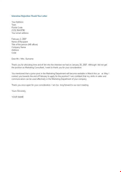 interview rejection thank you letter template