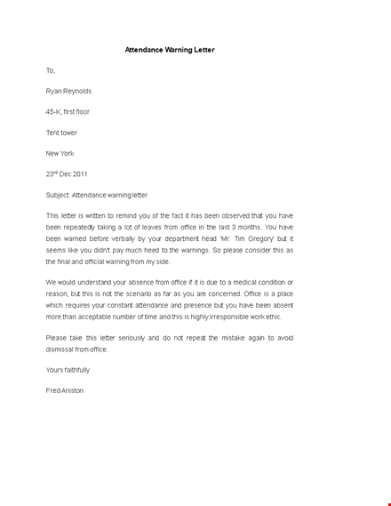 effective employee warning letter for office attendance template