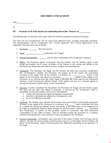 investment letter of intent doc template