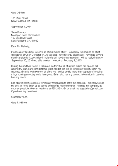 temporary resignation notice letter template