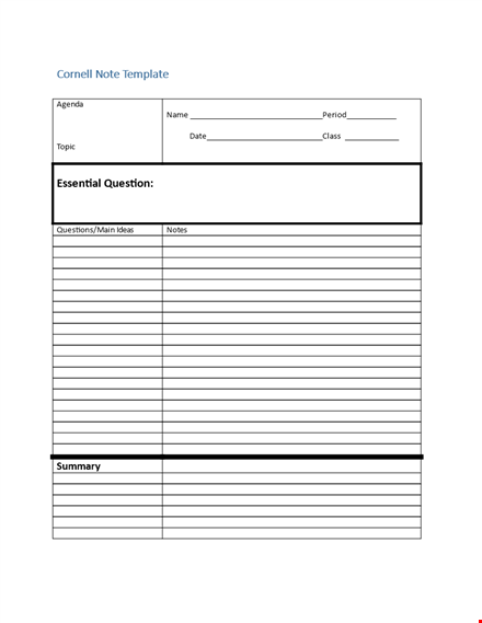 cornell notes template for organizing your agenda by period and topic template
